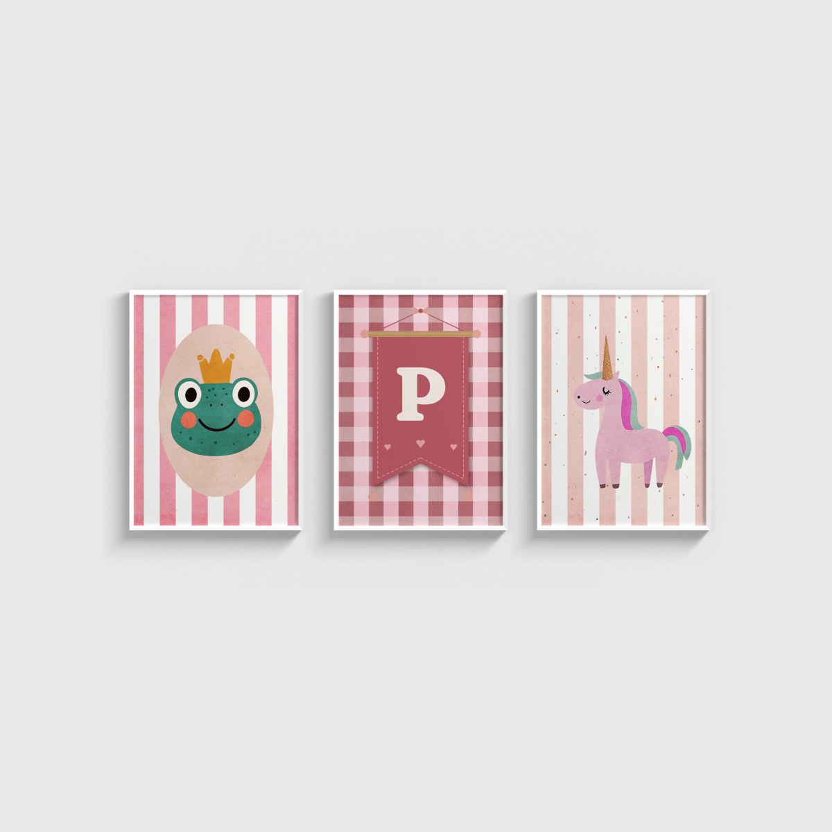 Kurbağa Prens ve Unicorn Harfli Üçlü Çocuk ve Bebek Odası Poster Seti, beyaz çerçeveli bebek odası tablo seti