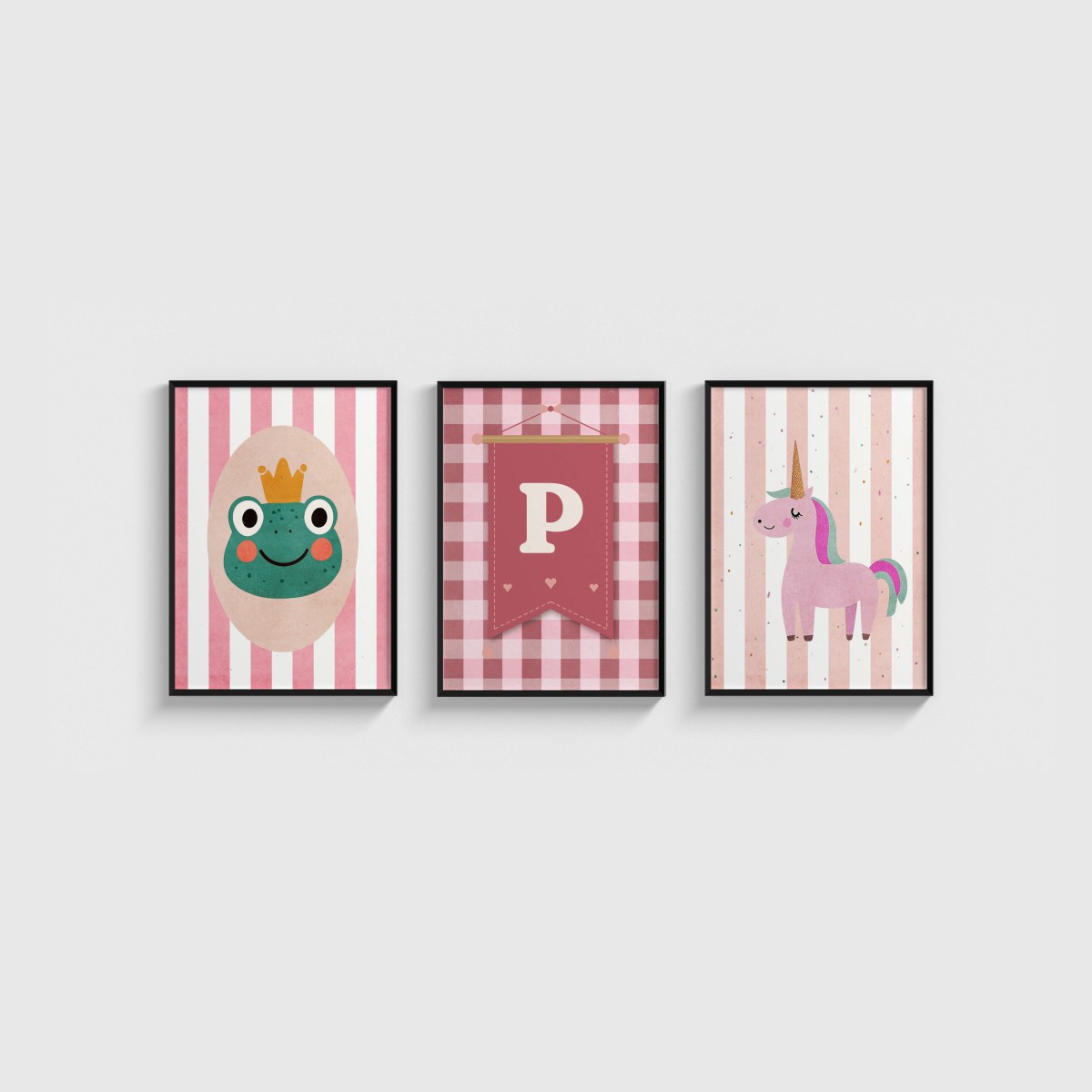Kurbağa Prens ve Unicorn Harfli Üçlü Çocuk ve Bebek Odası Poster Seti, siyah çerçeveli çocuk odası tablo seti