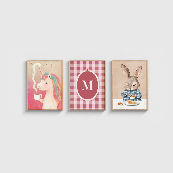 Unicorn ve Pankek Yiyen Tavşan Harfli Üçlü Çocuk ve Bebek Odası Poster Seti, ahşap çerçeveli çocuk odası tablo seti