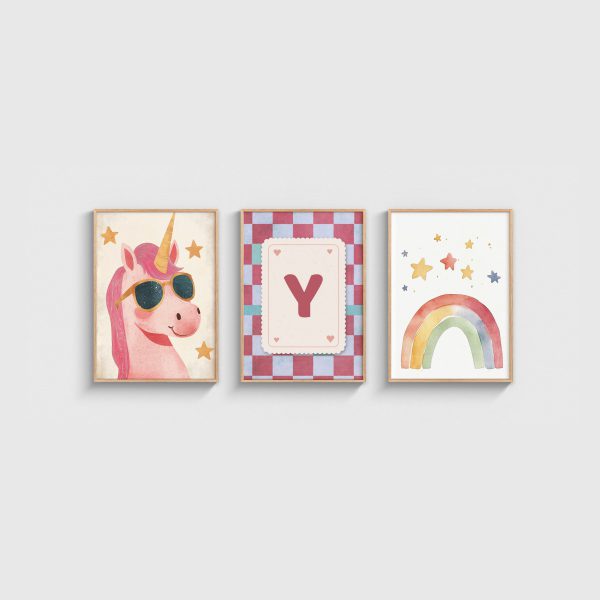 Unicorn ve Gökkuşağı Harfli Üçlü Çocuk ve Bebek Odası Poster Seti, ahşap çerçeveli çocuk odası tablo seti