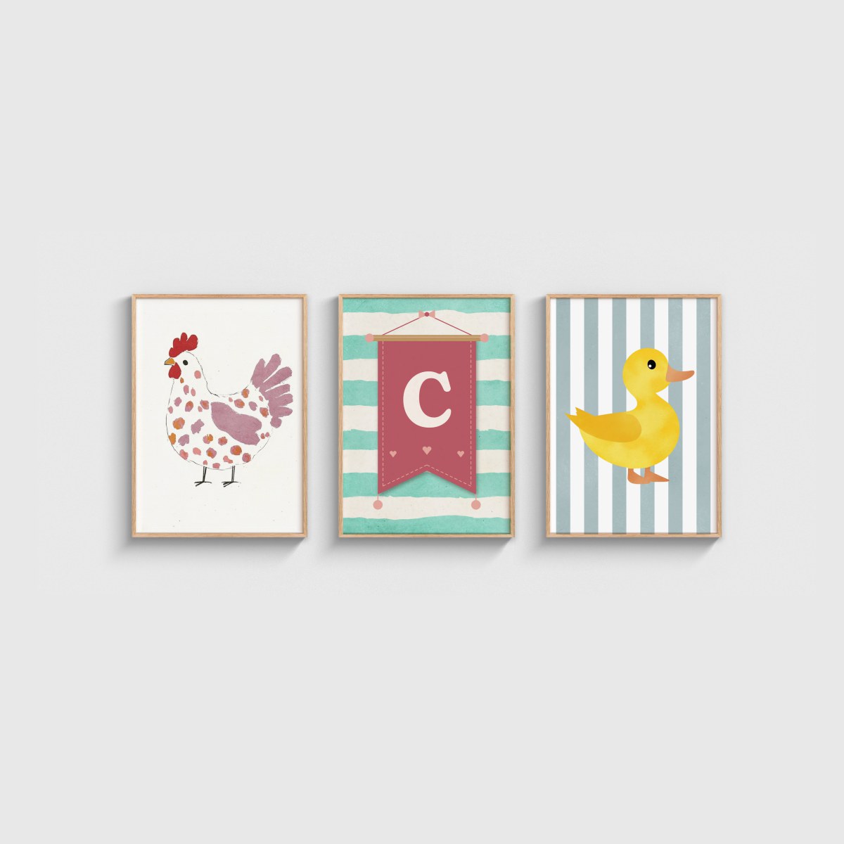 Tavuk ve Yavru Ördek Harfli Üçlü Çocuk ve Bebek Odası Poster Seti, ahşap çerçeveli çocuk odası tablo seti