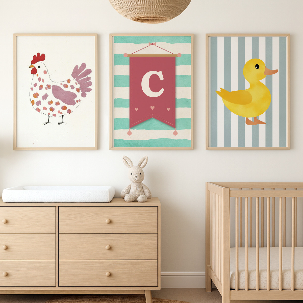 Tavuk ve Yavru Ördek Harfli Üçlü Çocuk Odası Poster Seti – bebek odası