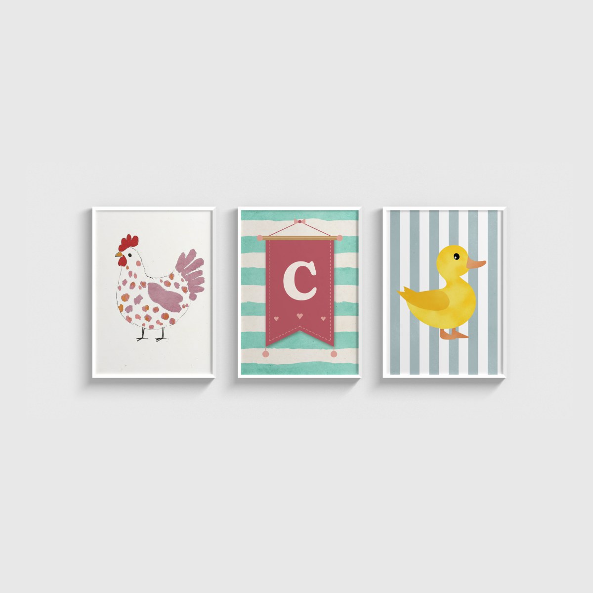 Tavuk ve Yavru Ördek Harfli Üçlü Çocuk ve Bebek Odası Poster Seti, beyaz çerçeveli bebek odası tablo seti