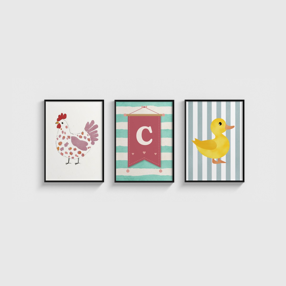Tavuk ve Yavru Ördek Harfli Üçlü Çocuk ve Bebek Odası Poster Seti, siyah çerçeveli çocuk odası tablo seti