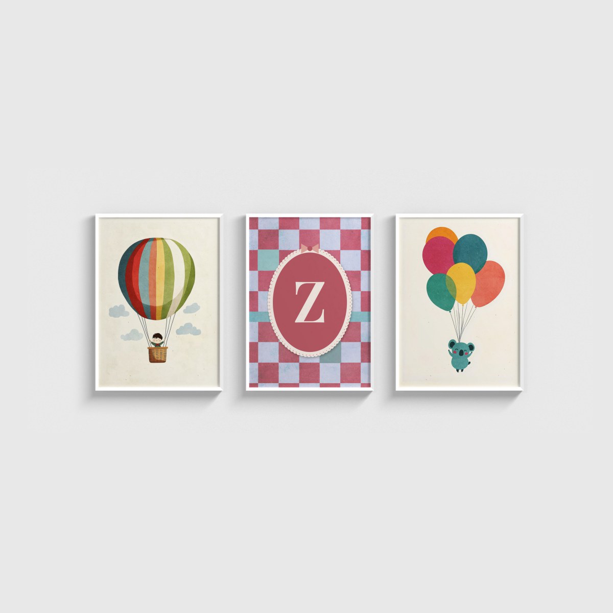 Balon ve Koala Harfli Üçlü Çocuk ve Bebek Odası Poster Seti, beyaz çerçeveli bebek odası tablo seti