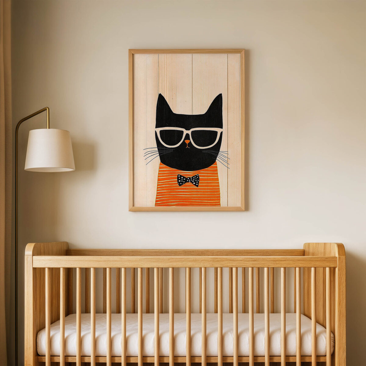 Gözlüklü Siyah Kedi çocuk odası posteri, çerçeveli tablo oda görünümü