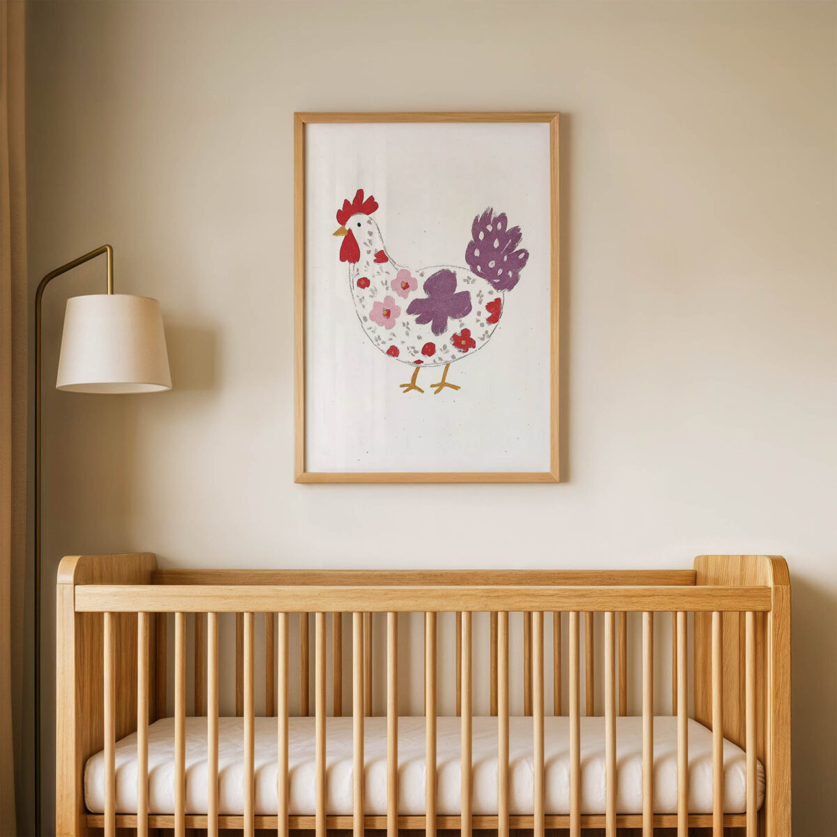 Çiçek Desenli Tavuk çocuk odası posteri, çerçeveli tablo oda görünümü