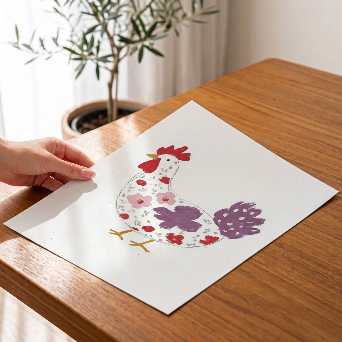 Çiçek Desenli Tavuk çocuk odası posteri, çerçevesiz poster el detayı