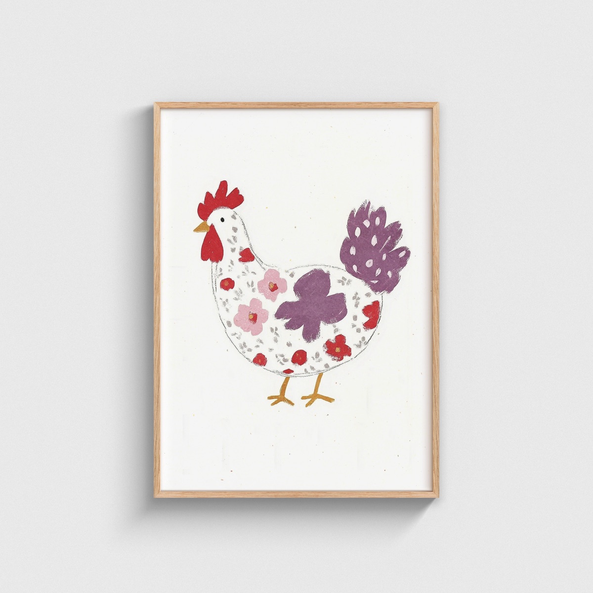 Çiçek Desenli Tavuk çocuk odası posteri, ahşap çerçeveli tablo