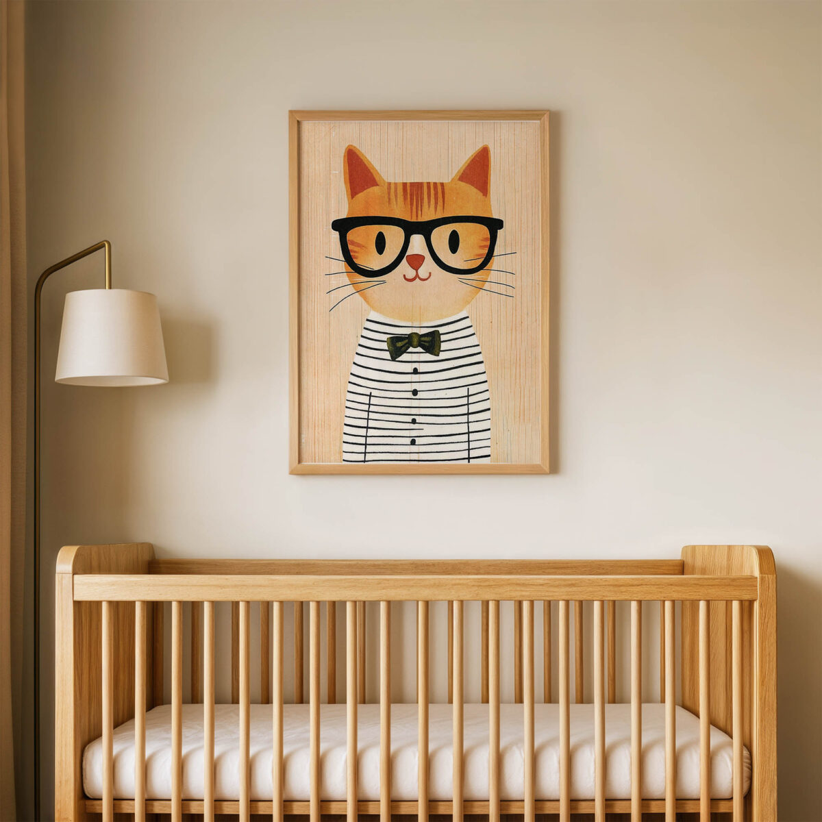 Gözlüklü Sarı Kedi çocuk odası posteri, çerçeveli tablo oda görünümü