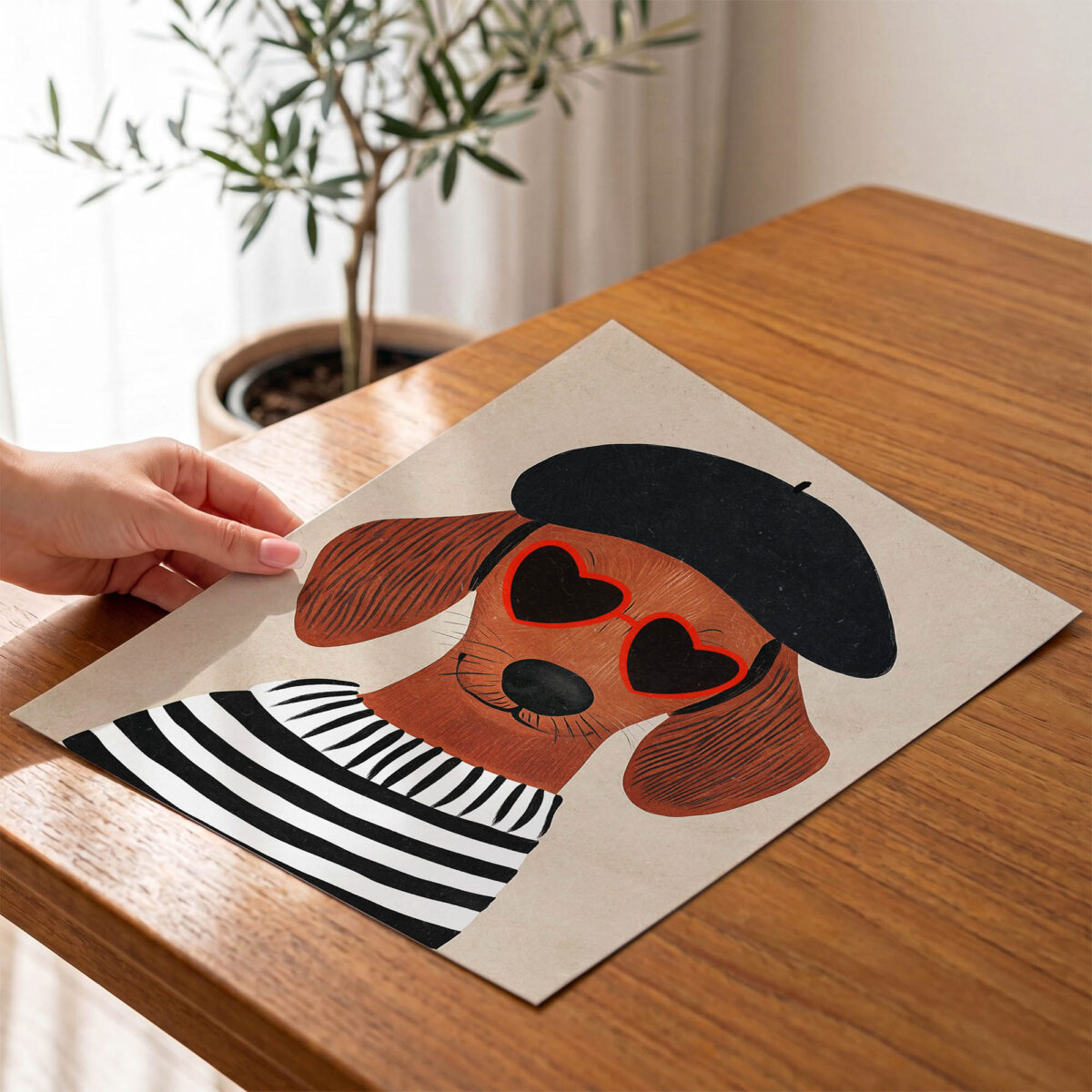 Kalp Gözlüklü Köpek çocuk odası posteri, çerçevesiz poster el detayı