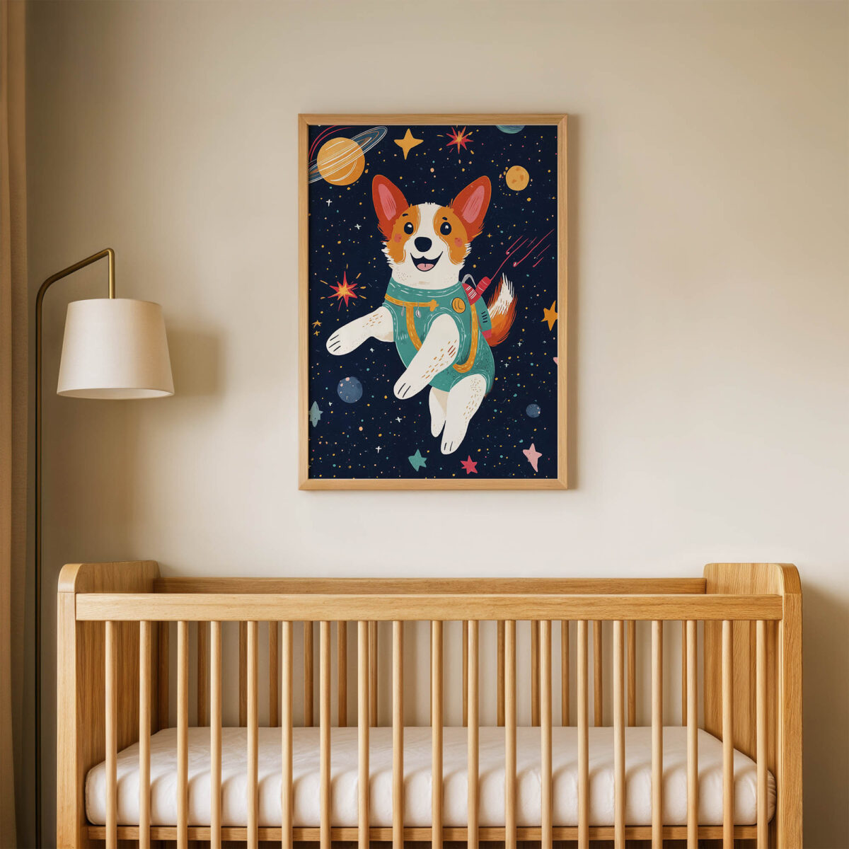 Astronot Sevimli Köpek çocuk odası posteri, çerçeveli tablo oda görünümü