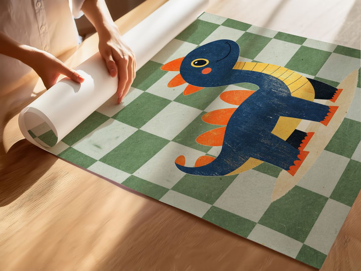 Yeşil Damalı Dinozor Çocuk Odası Duvar Posteri Çerçeveli Tablo Dekorasyon, rulo yapılmış çerçevesiz poster
