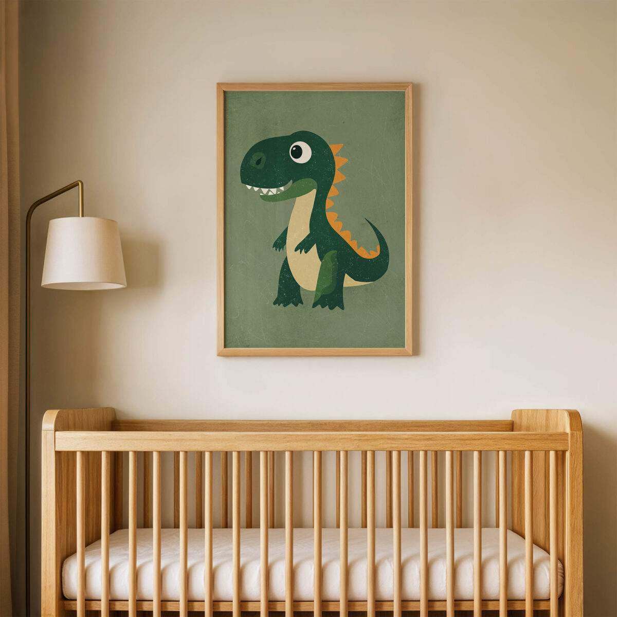 Koyu Yeşil Dinozor çocuk odası posteri, çerçeveli tablo oda görünümü