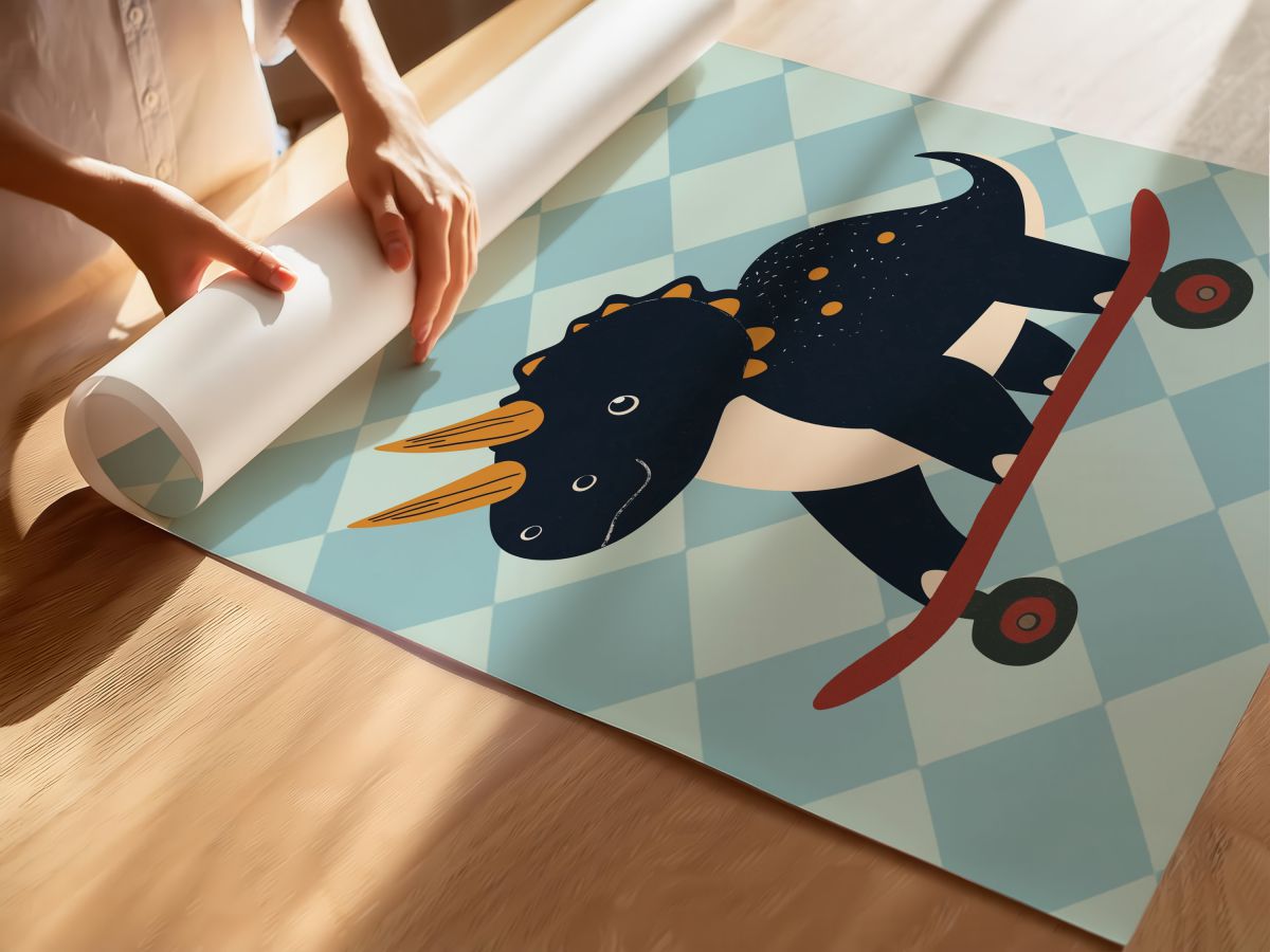 Damalı Kaykaycı Dinozor Çocuk Odası Duvar Posteri Çerçeveli Tablo Dekorasyon, rulo yapılmış çerçevesiz poster