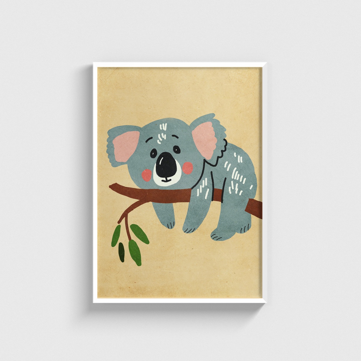 Daldaki Sevimli Koala çocuk odası posteri, beyaz çerçeveli tablo