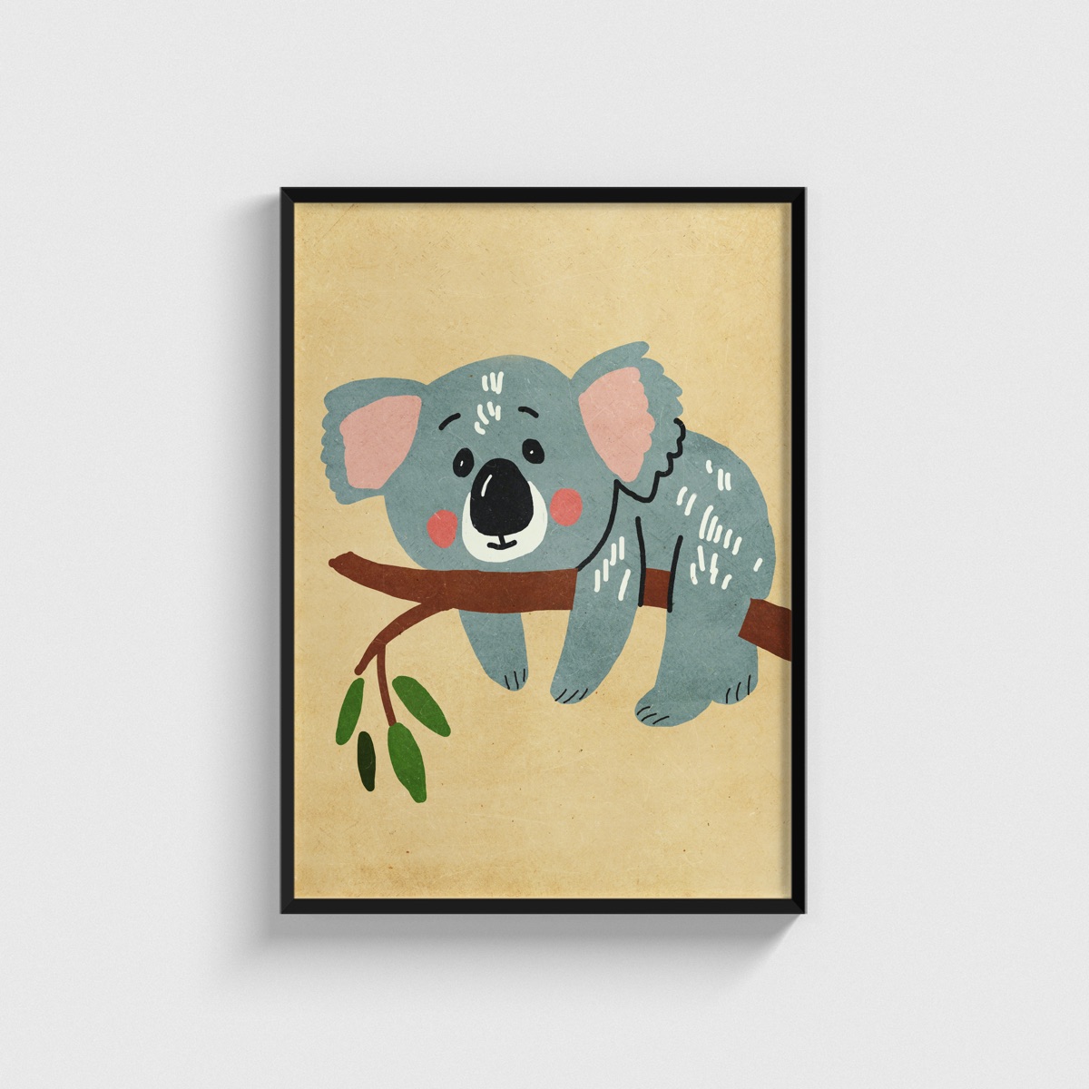 Daldaki Sevimli Koala çocuk odası posteri, siyah çerçeveli tablo