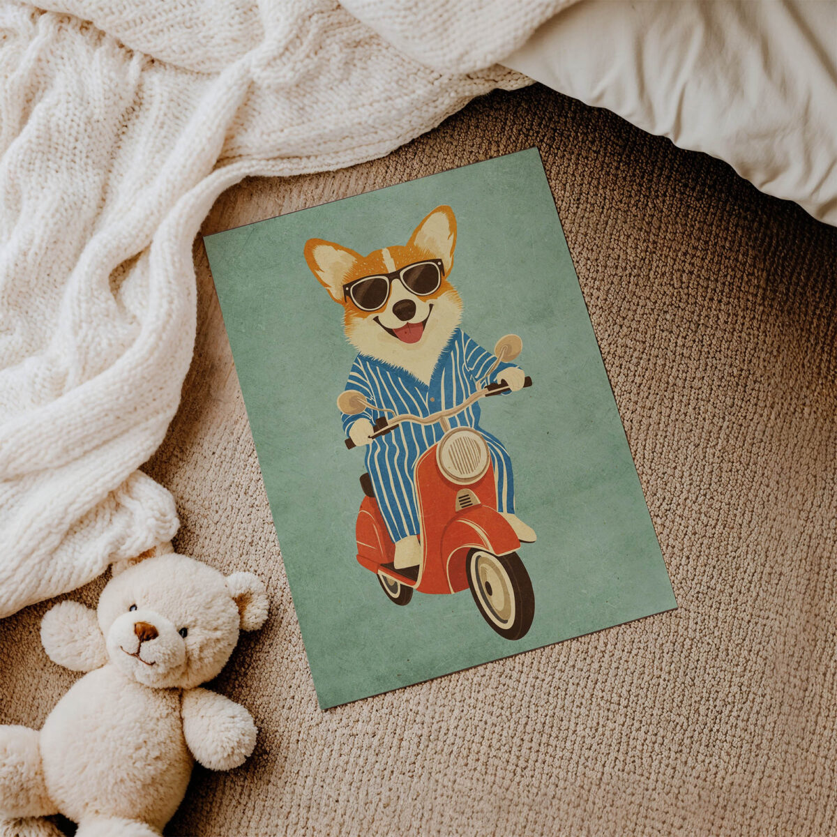 Motosikletli Sevimli Köpek çocuk odası posteri, çerçevesiz poster detayı