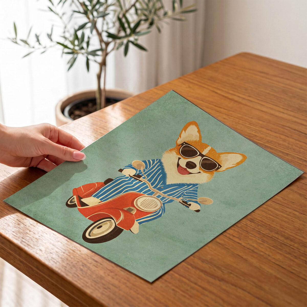 Motosikletli Sevimli Köpek çocuk odası posteri, çerçevesiz poster el detayı