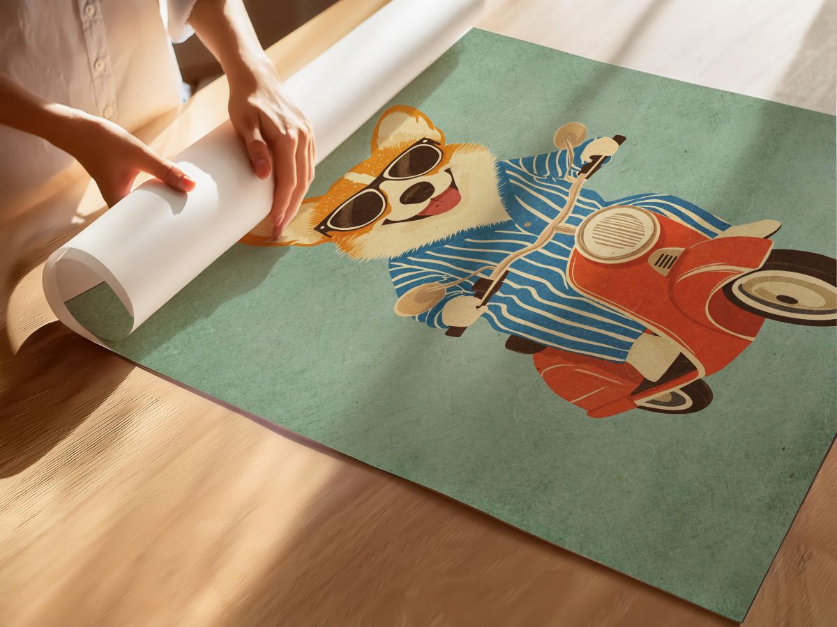 Motosikletli Sevimli Köpek Çocuk Odası Duvar Posteri Çerçeveli Tablo Dekorasyon, rulo yapılmış çerçevesiz poster