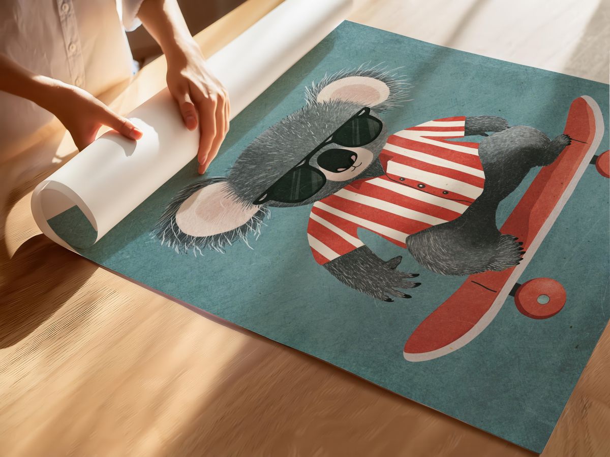 Kaykay Yapan Koala Çocuk Odası Duvar Posteri Çerçeveli Tablo Dekorasyon, rulo yapılmış çerçevesiz poster