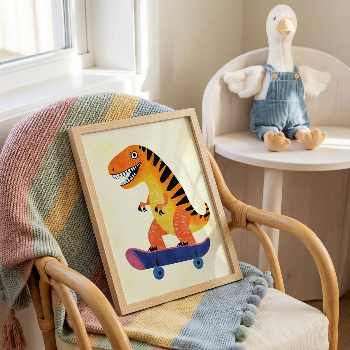 Kaykay Yapan Dinozor çocuk odası posteri, çerçeveli tablo detayı