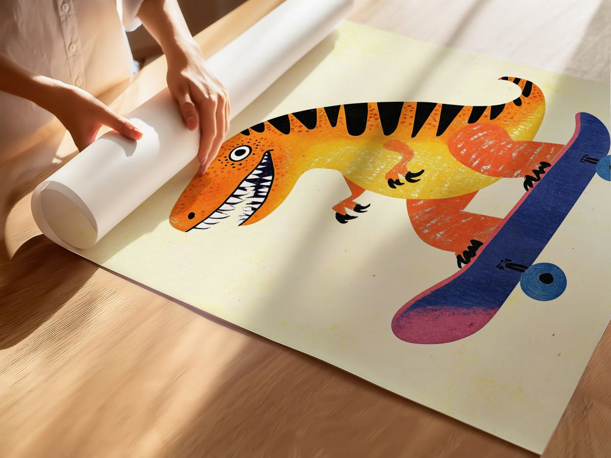 Kaykay Yapan Dinozor Çocuk Odası Duvar Posteri Çerçeveli Tablo Dekorasyon, rulo yapılmış çerçevesiz poster