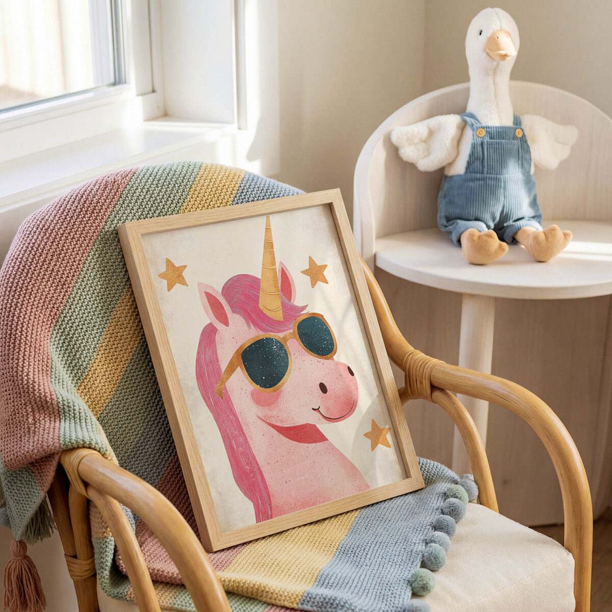 Gözlüklü Pembe Unicorn çocuk odası posteri, çerçeveli tablo detayı