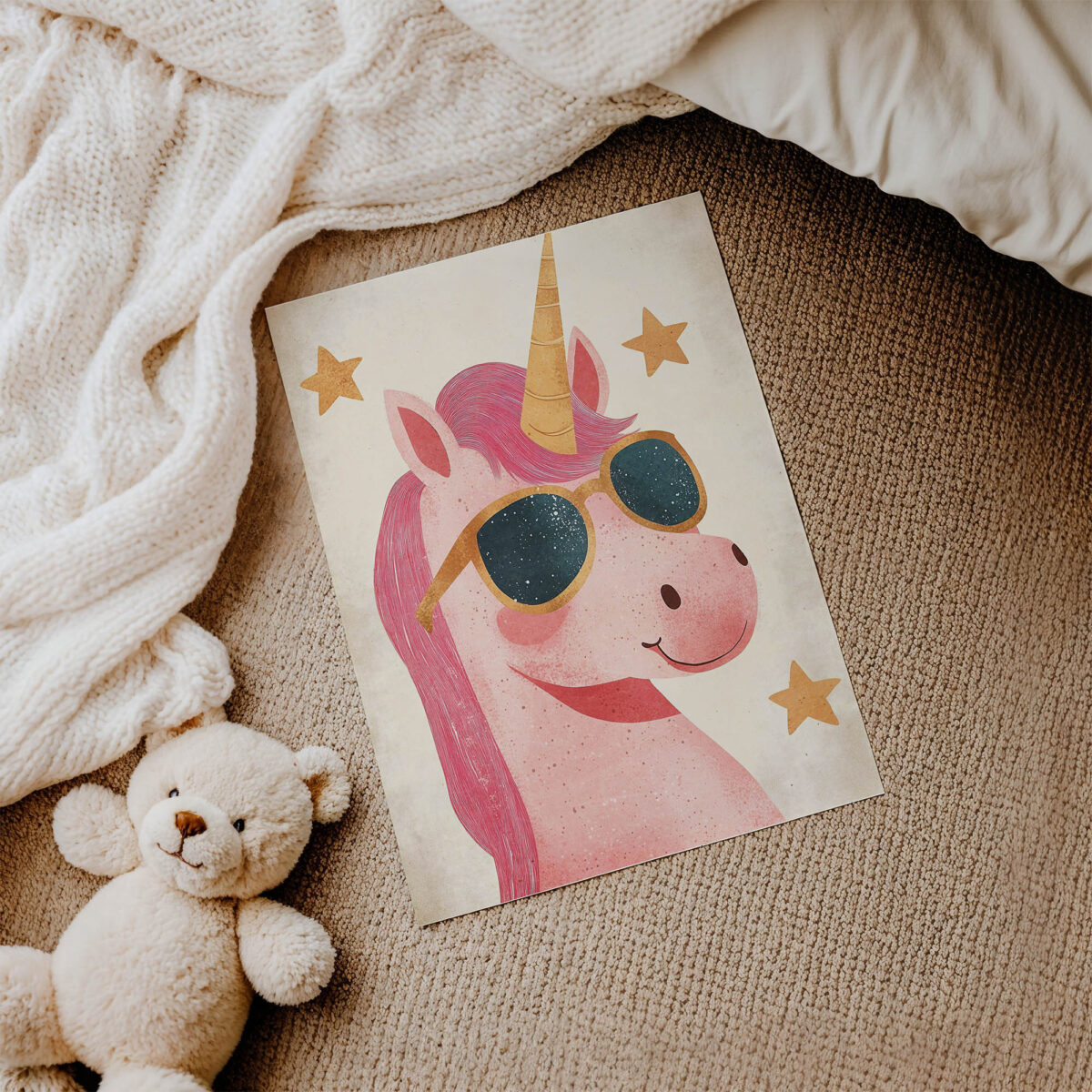 Gözlüklü Pembe Unicorn çocuk odası posteri, çerçevesiz poster detayı
