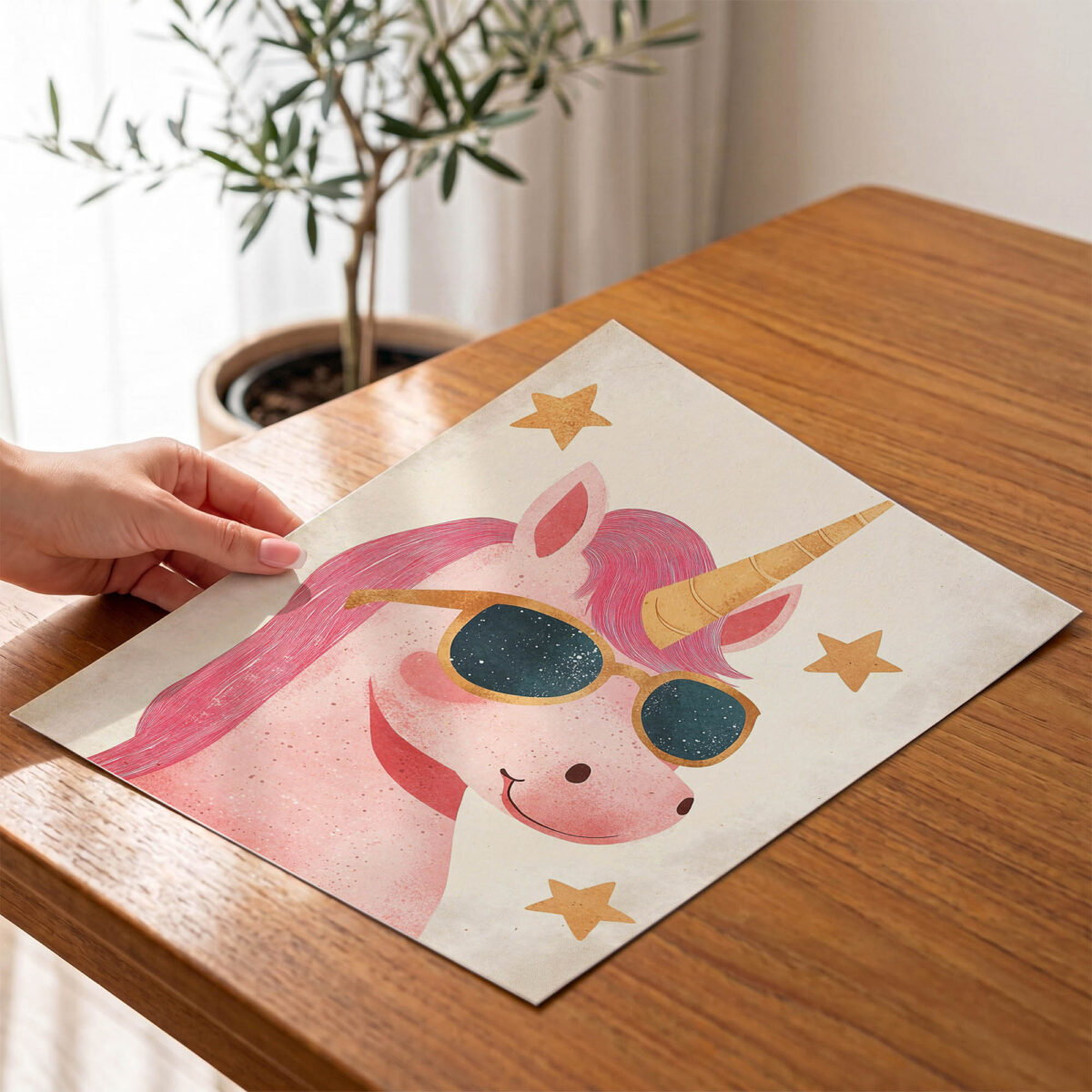 Gözlüklü Pembe Unicorn çocuk odası posteri, çerçevesiz poster el detayı