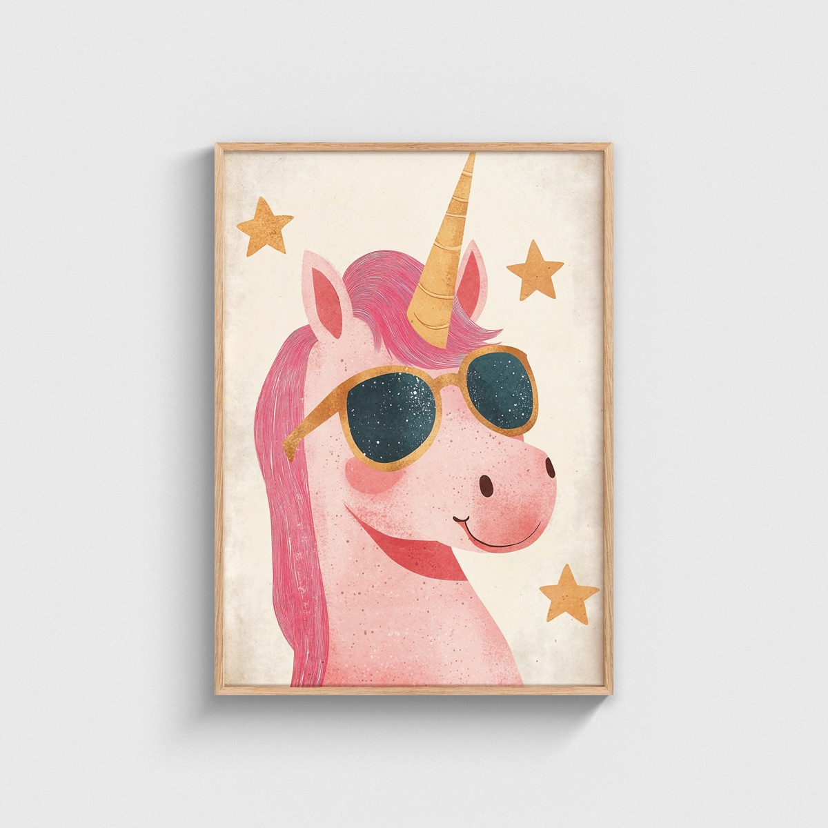 Gözlüklü Pembe Unicorn çocuk odası posteri, ahşap çerçeveli tablo