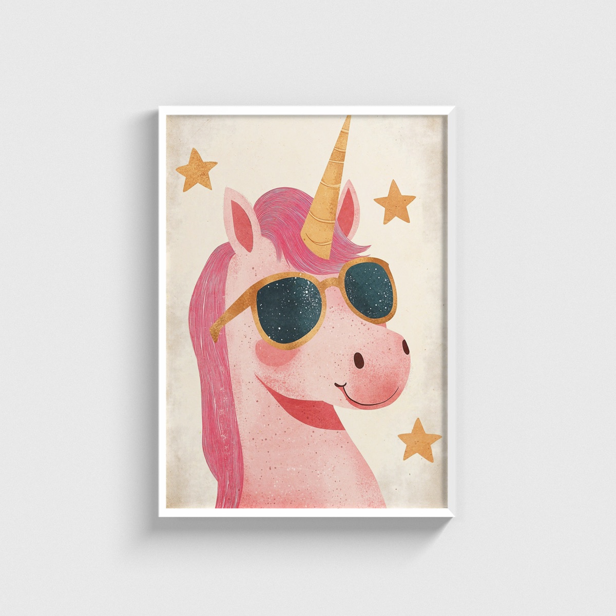 Gözlüklü Pembe Unicorn çocuk odası posteri, beyaz çerçeveli tablo