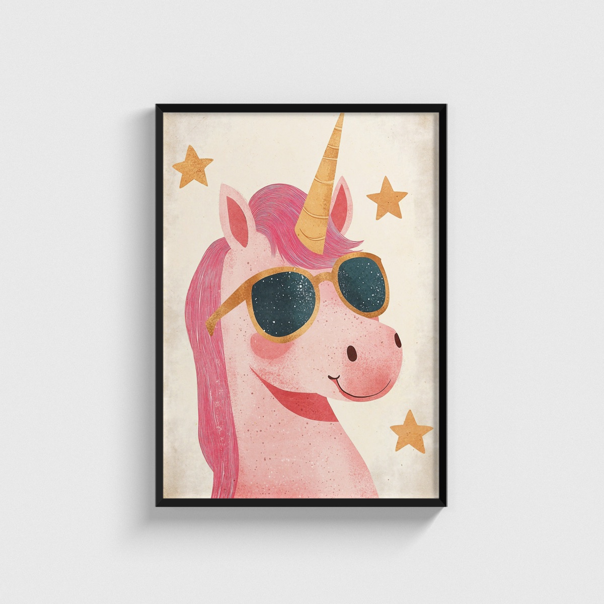 Gözlüklü Pembe Unicorn çocuk odası posteri, siyah çerçeveli tablo