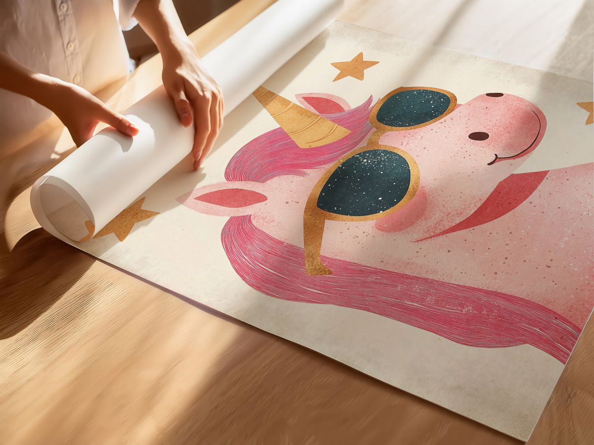 Gözlüklü Pembe Unicorn Çocuk Odası Duvar Posteri Çerçeveli Tablo Dekorasyon, rulo yapılmış çerçevesiz poster