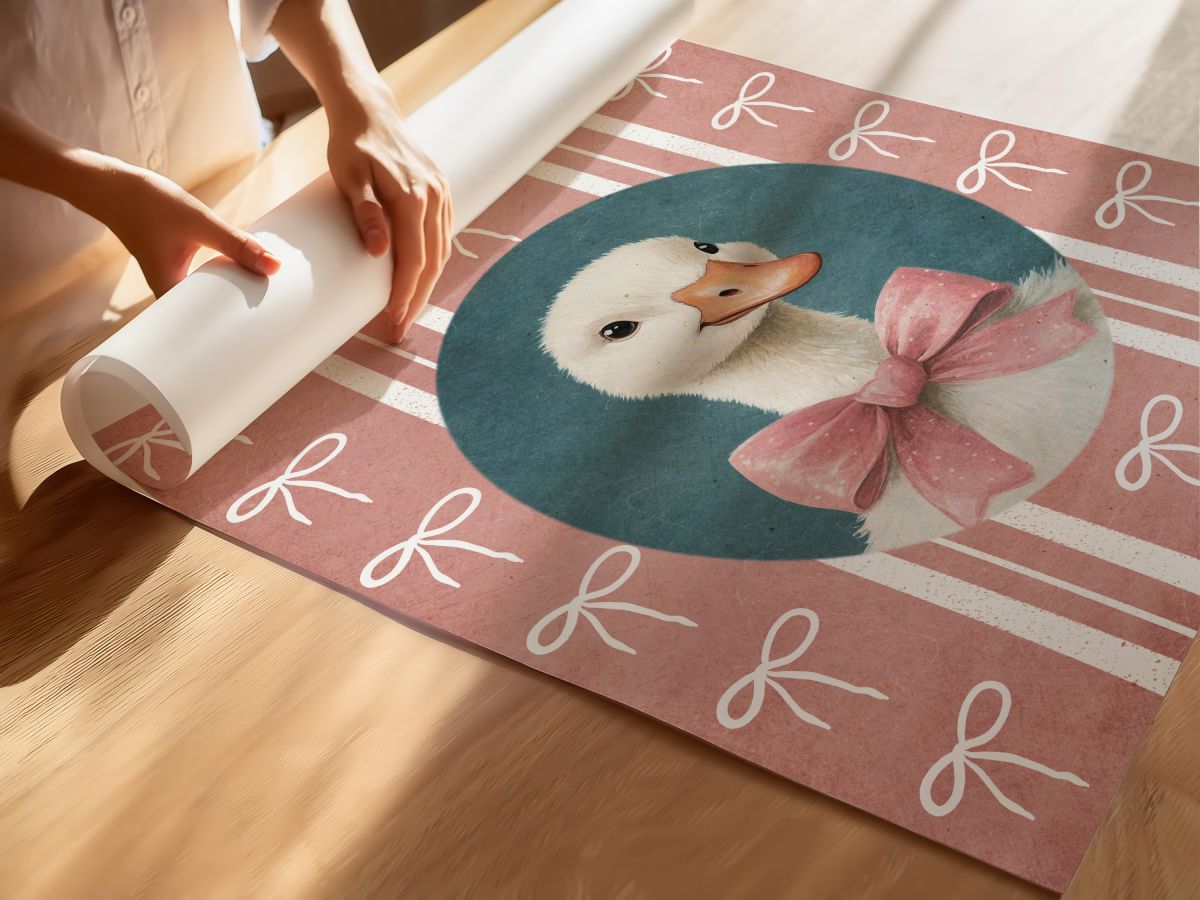 Pembe Bordürlü Ördek Çocuk Odası Duvar Posteri Çerçeveli Tablo Dekorasyon, rulo yapılmış çerçevesiz poster