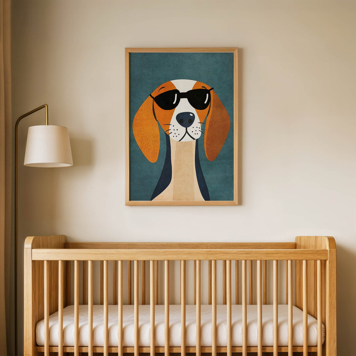 Mavi Zeminli Köpek çocuk odası posteri, çerçeveli tablo oda görünümü
