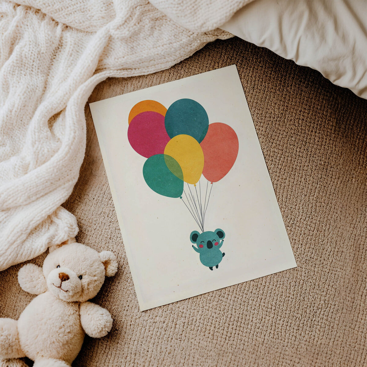 Balonlu Sevimli Koala çocuk odası posteri, çerçevesiz poster detayı