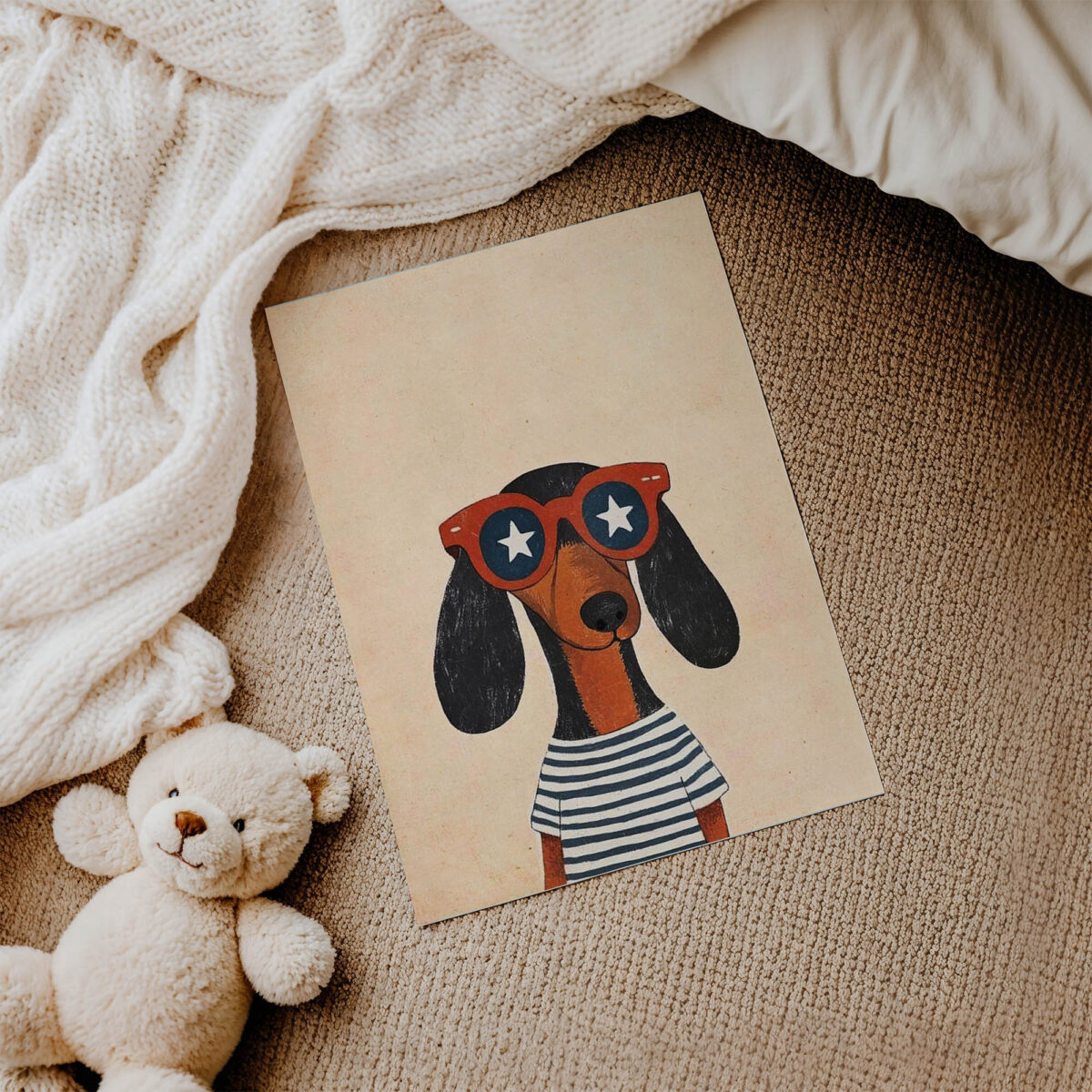Benekli Gözlüklü Köpek çocuk odası posteri, çerçevesiz poster detayı