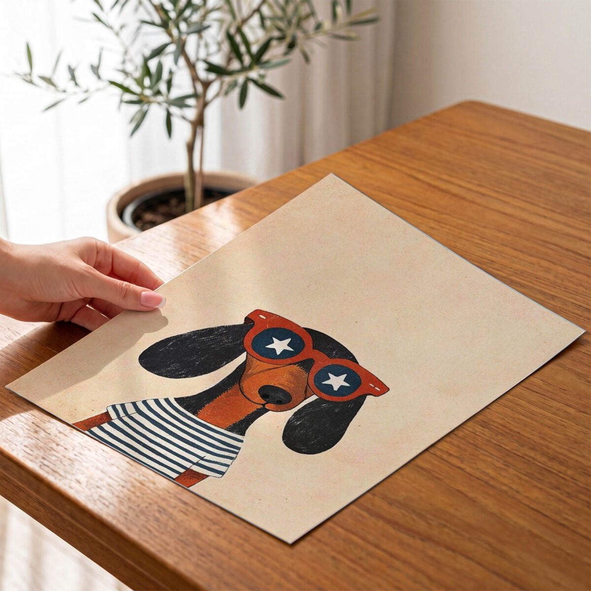 Benekli Gözlüklü Köpek çocuk odası posteri, çerçevesiz poster el detayı