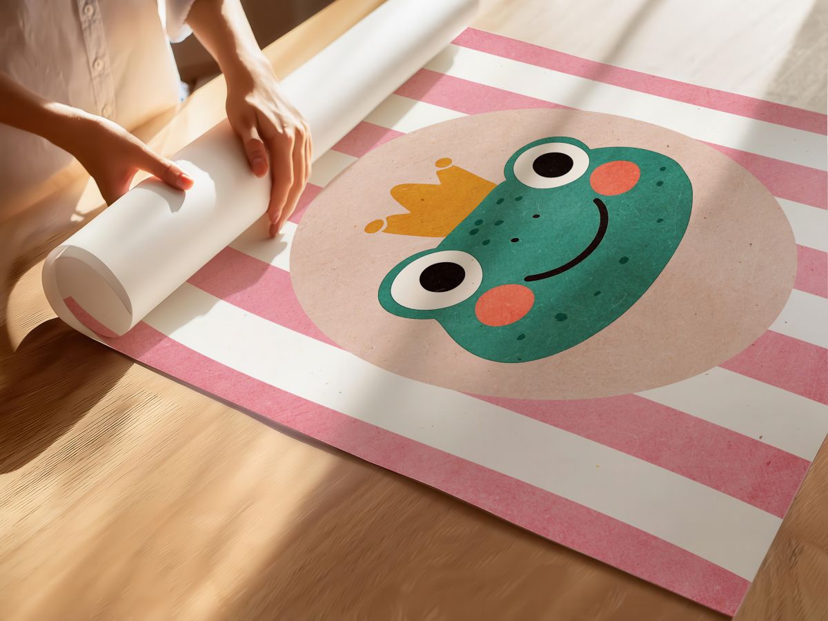 Pembe Çizgili Kurbağa Çocuk Odası Duvar Posteri Çerçeveli Tablo Dekorasyon, rulo yapılmış çerçevesiz poster