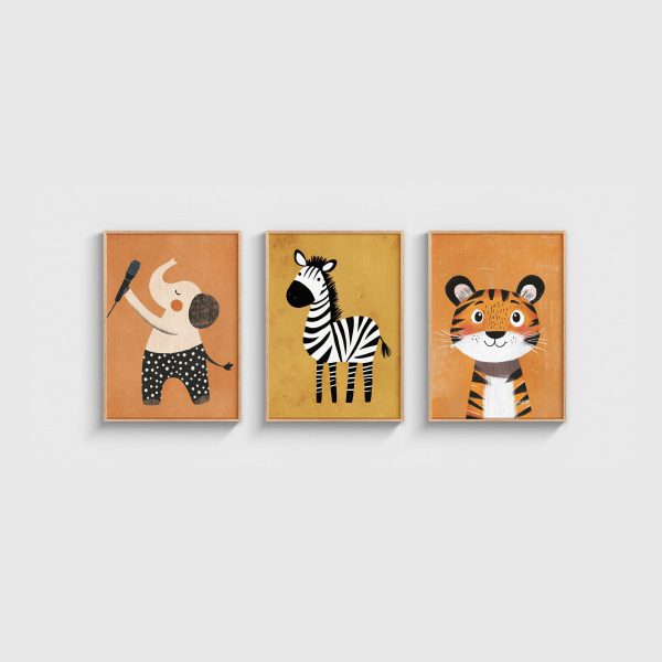 Safari Hayvanları Üçlü Çocuk ve Bebek Odası Poster Seti, ahşap çerçeveli çocuk odası tablo seti