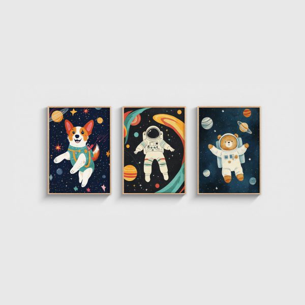 Astronotlar Üçlü Çocuk ve Bebek Odası Poster Seti, ahşap çerçeveli çocuk odası tablo seti