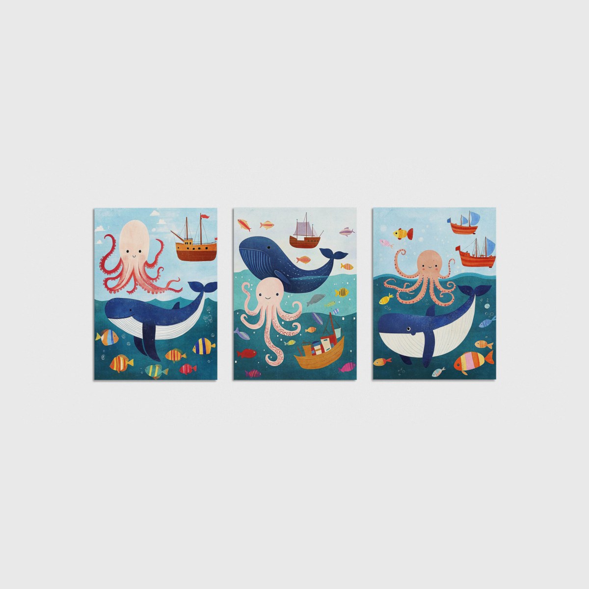 Deniz Canlıları Üçlü Çocuk ve Bebek Odası Poster Seti, çerçevesiz bebek odası poster seti