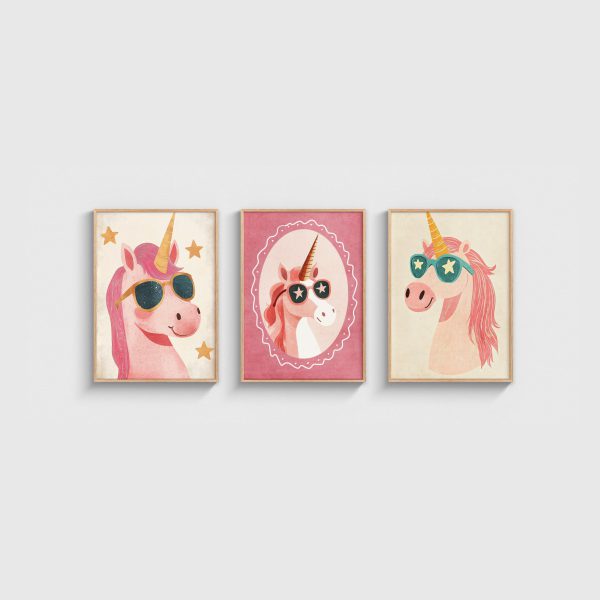 Unicornlar Üçlü Çocuk ve Bebek Odası Poster Seti, ahşap çerçeveli çocuk odası tablo seti