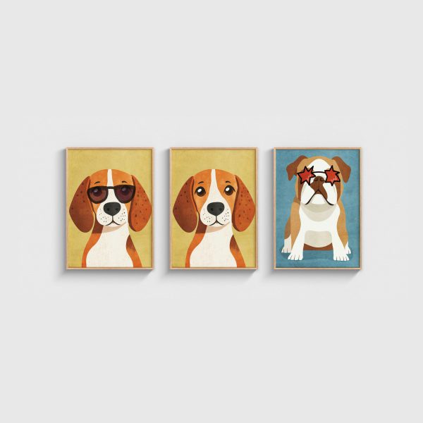 Köpekler Üçlü Çocuk ve Bebek Odası Poster Seti, ahşap çerçeveli çocuk odası tablo seti