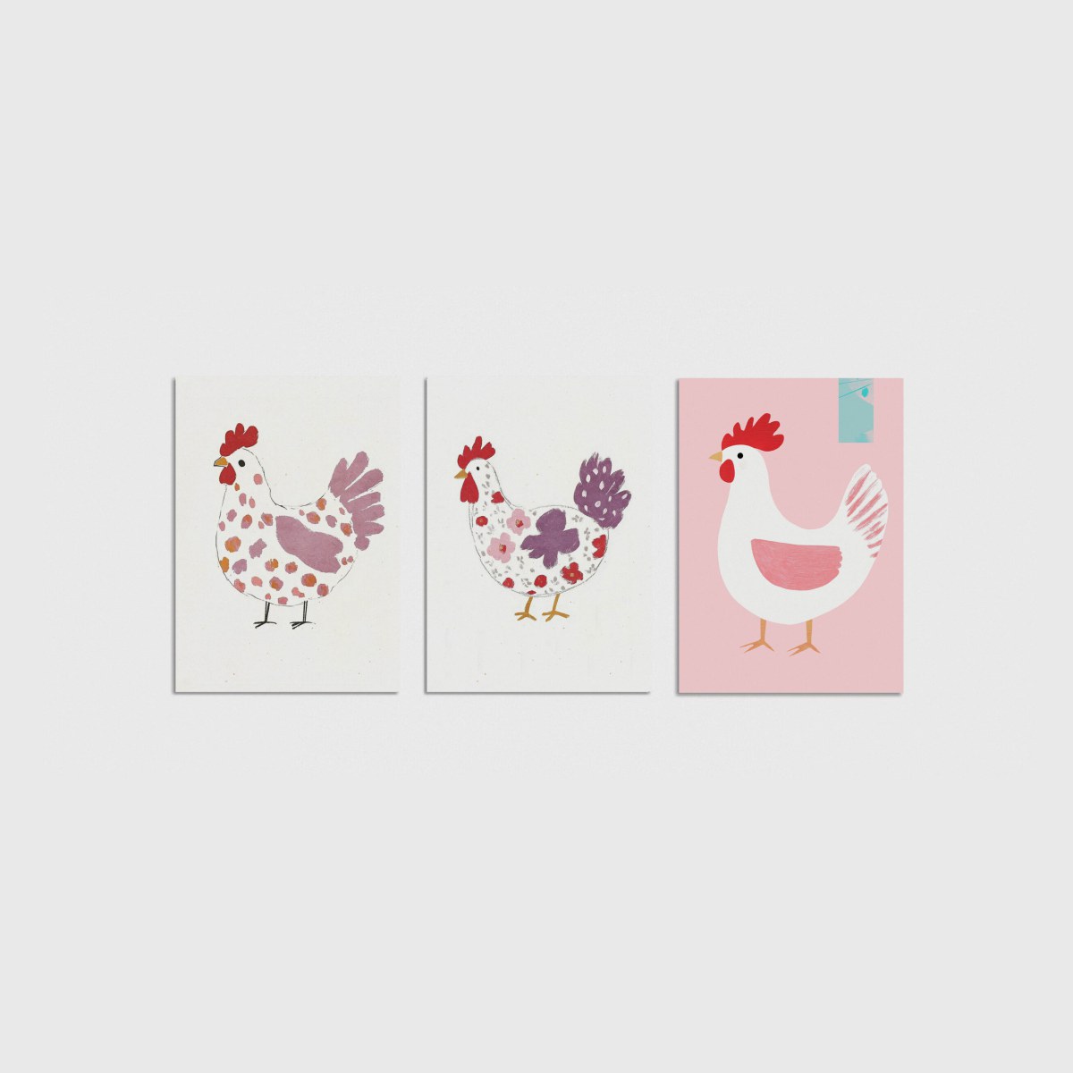 Tavuklar Üçlü Çocuk ve Bebek Odası Poster Seti, çerçevesiz bebek odası poster seti