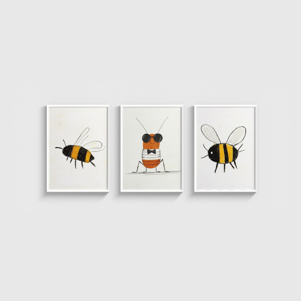 Arılar ve Böcekler Üçlü Çocuk ve Bebek Odası Poster Seti, beyaz çerçeveli bebek odası tablo seti