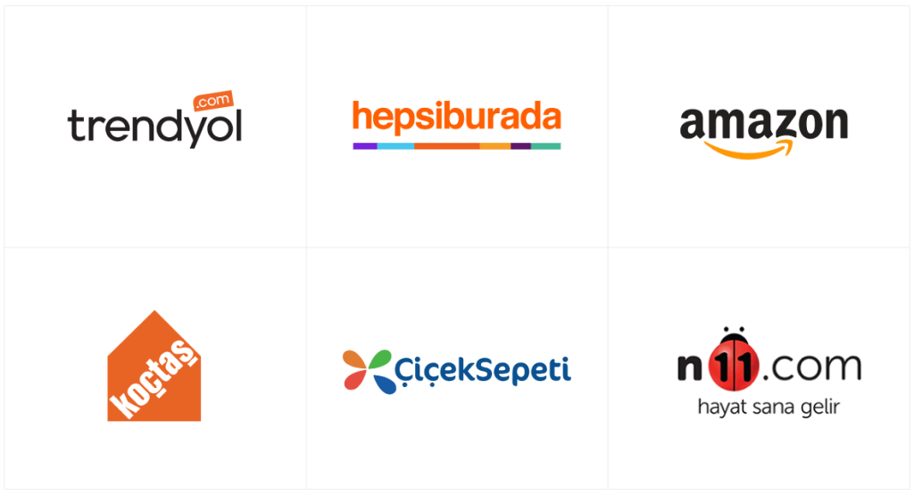 Trendyol, Hepsiburada, Amazon, Koçtaş, Çiçeksepeti ve n11 logolarının yer aldığı e-ticaret mağazaları görseli.
