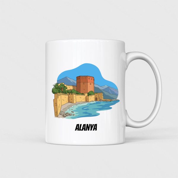 Alanya Kalesi illüstrasyonlu, beyaz seramik kupa bardak tasarımı.