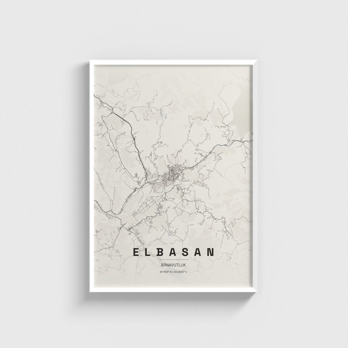 Elbasan, Arnavutluk şehir haritası posteri, beyaz çerçeveli tablo